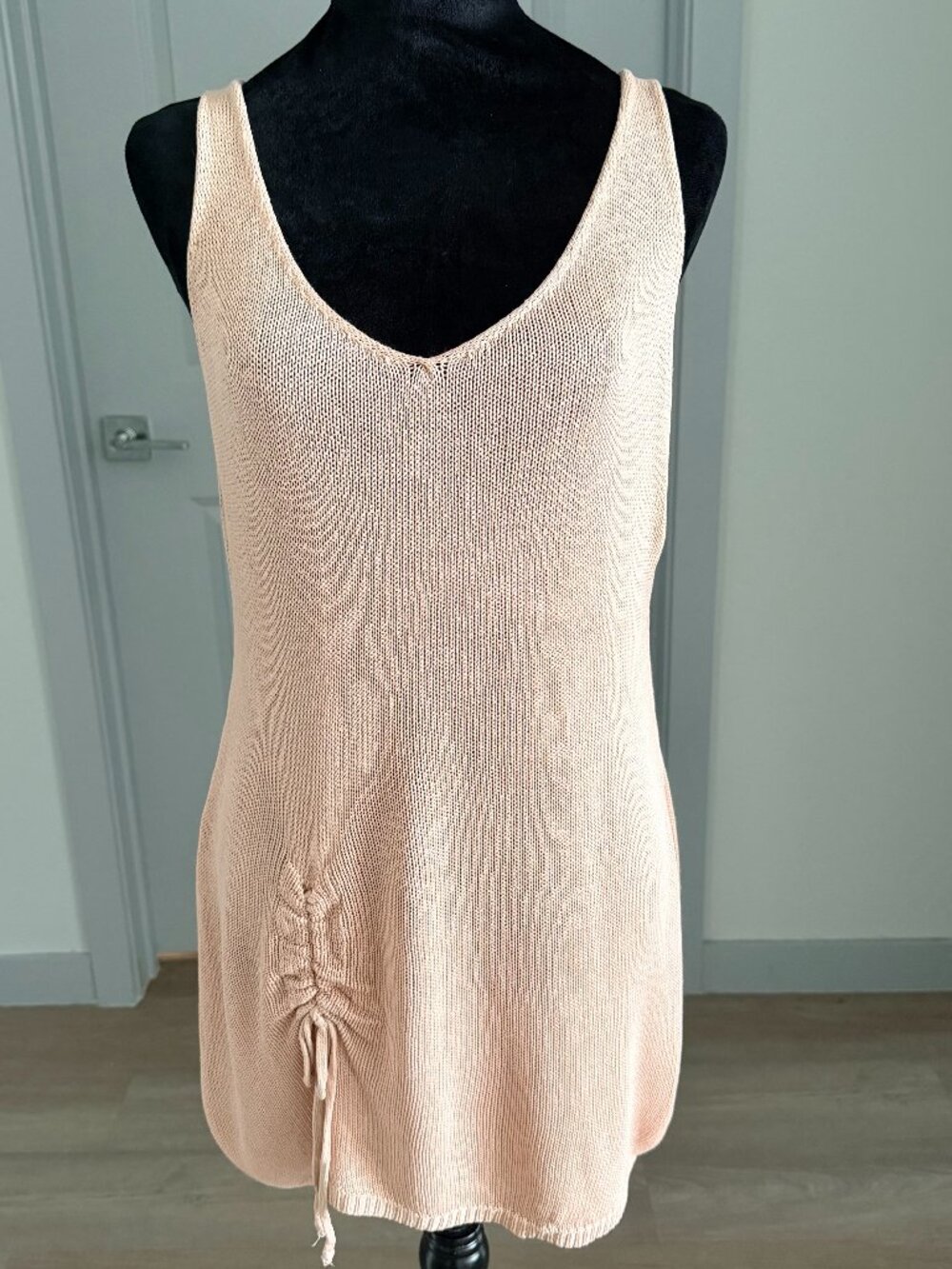 Crochet Knit Tank Mini Dress Womens Sz L Ruched Swim Beach Cover Up Boho Resort